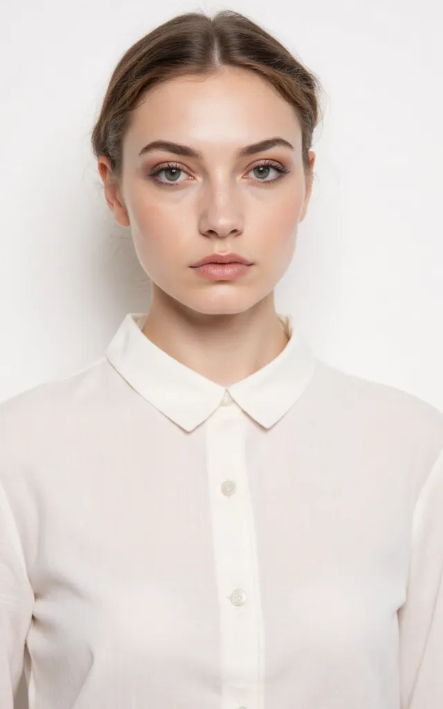 A French female model with a Retro   inspired makeup style, wearing a shirt, against a white background, in a front   facing bust portrait
